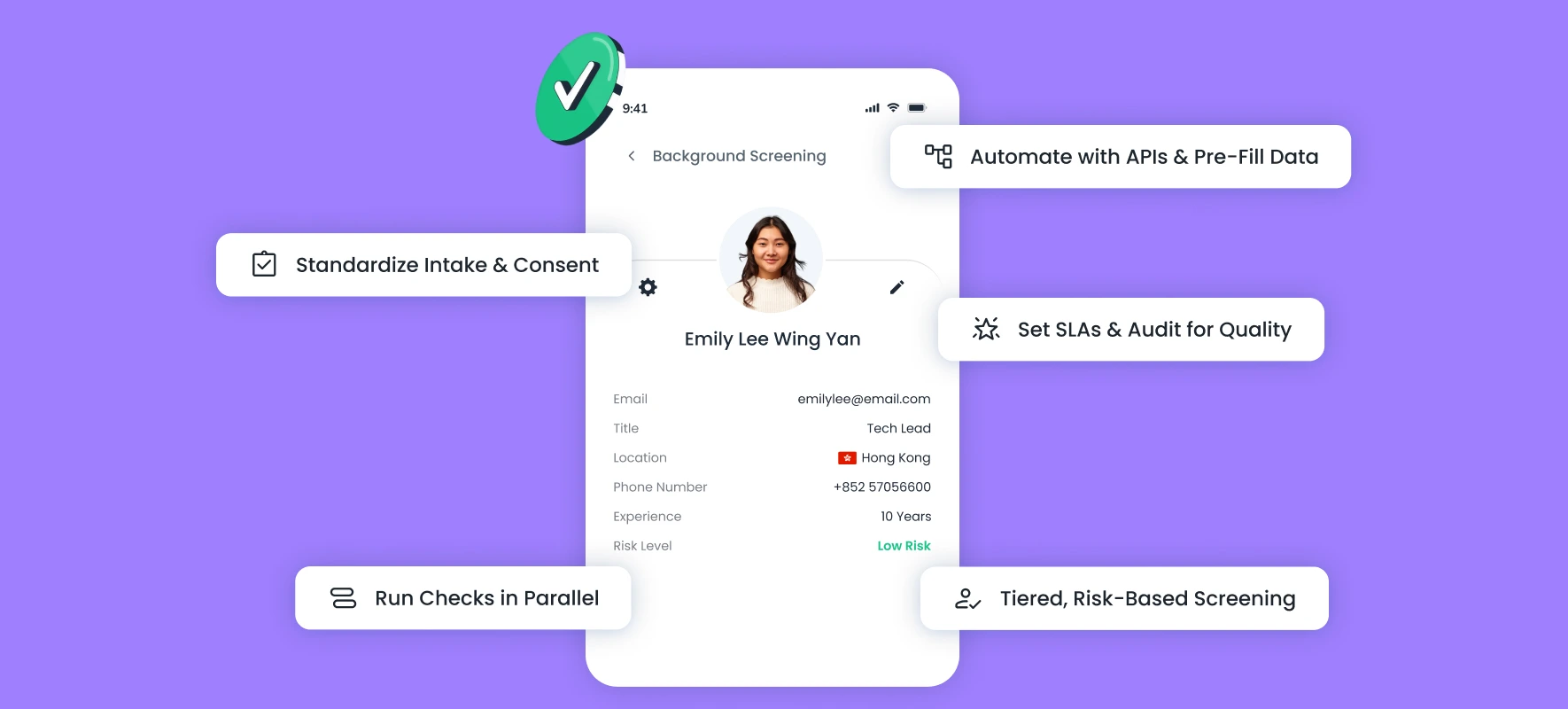 Strategies to speed up Pre-Employment Background Check, showing automation, parallel checks, and tiered screening on a mobile profile screen.