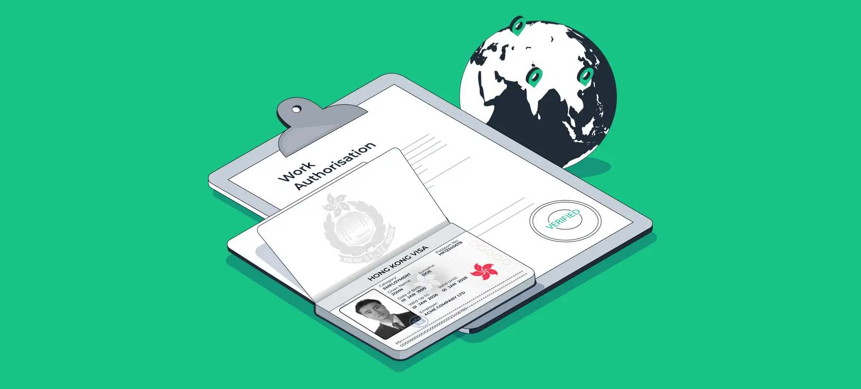 Right to Work Check document and Hong Kong passport on a clipboard with a verified stamp and a globe.