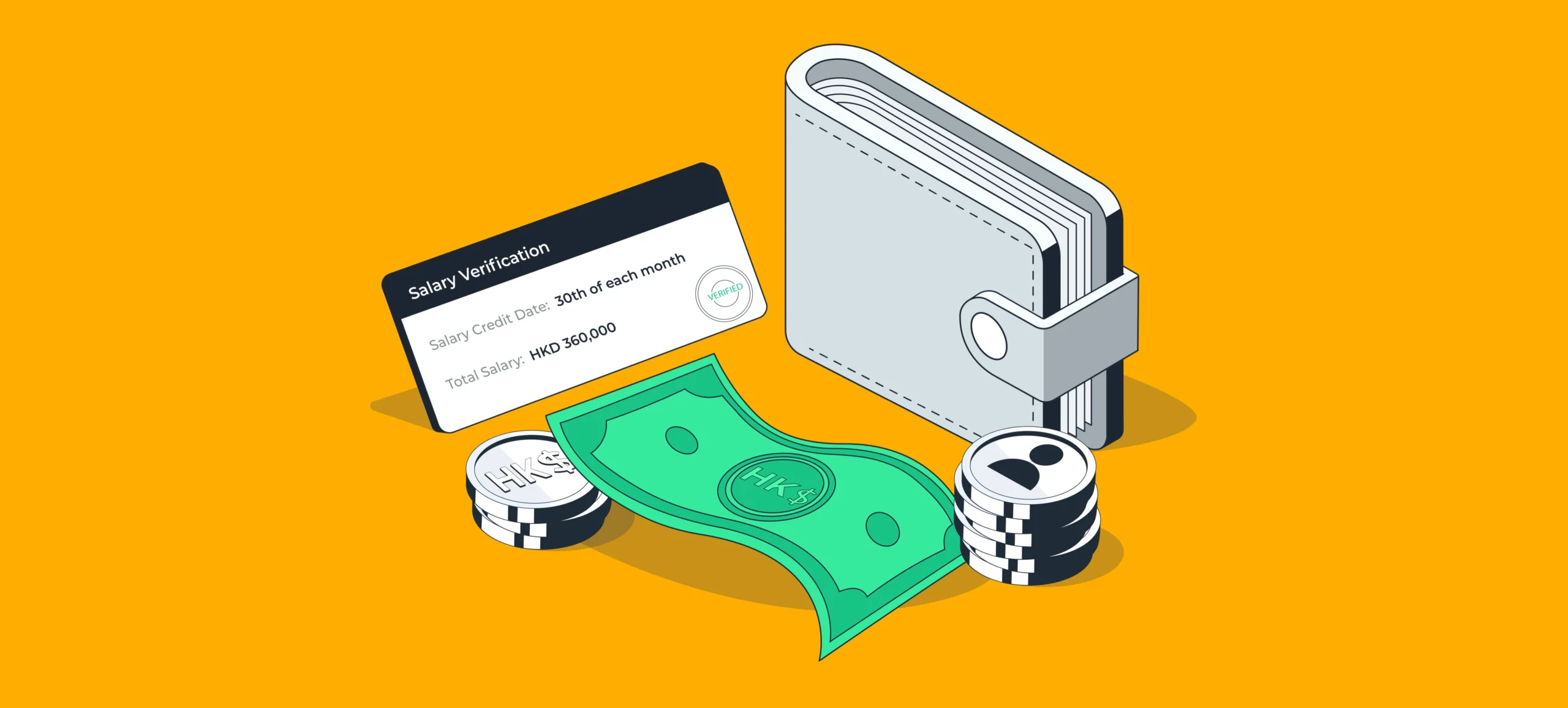 Salary Verification in Hong Kong showing HKD currency, a wallet, and a verified salary certificate.