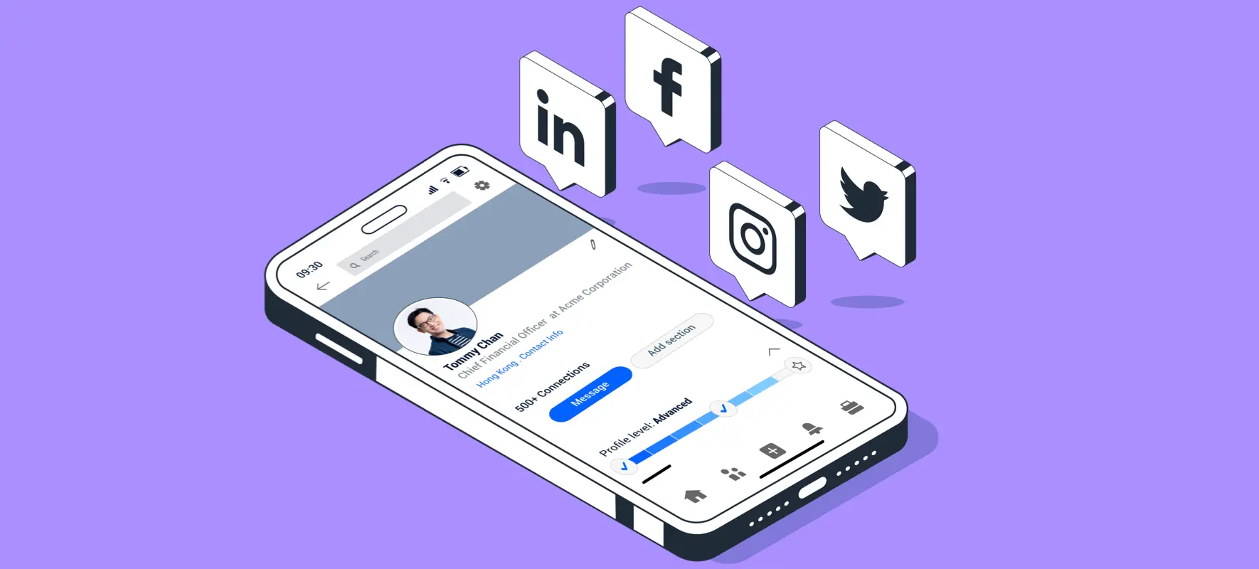 Social media screening process showing a professional profile on a smartphone surrounded by LinkedIn, Facebook, Instagram, and Twitter icons.