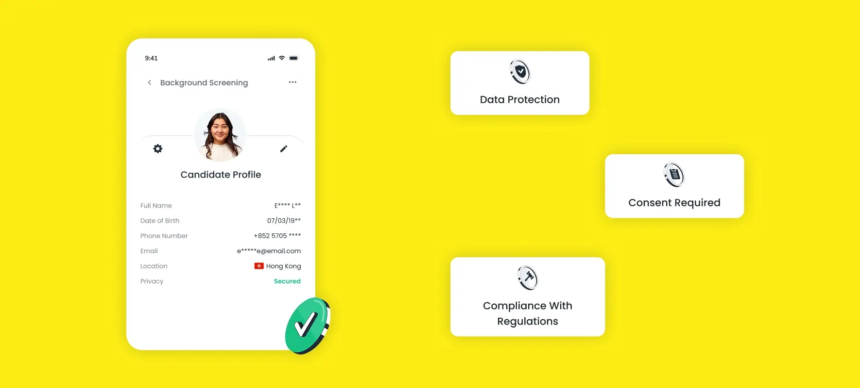 Privacy Concerns in Background Checks visualized with a secured candidate profile and icons for data protection, consent, and regulatory compliance.