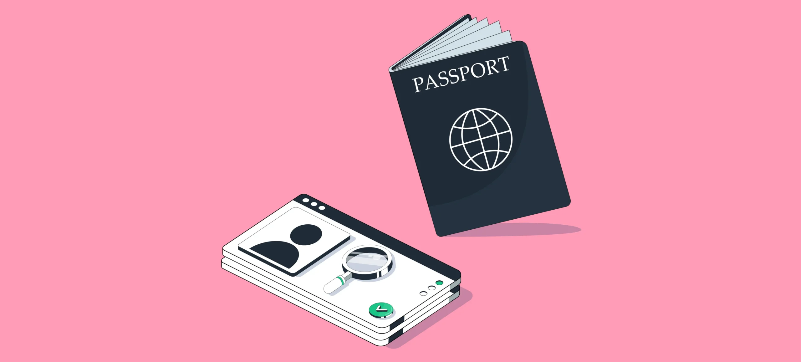 An image of a dark blue passport with a globe icon next to a digital tablet performing a successful search, representing Passport Verification for Employment.