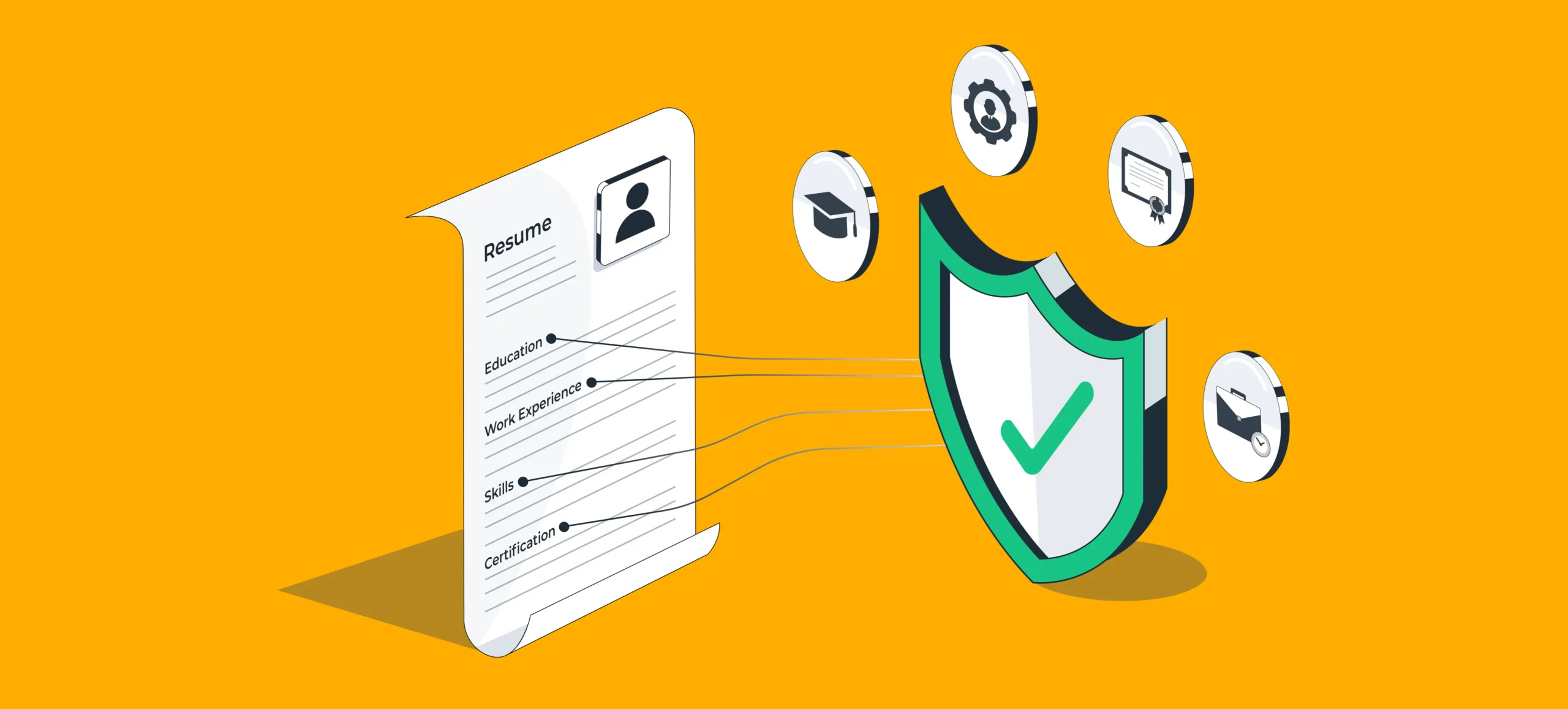 CV Verification process showing a resume being validated across education, experience, and skills with a green checkmark shield.
