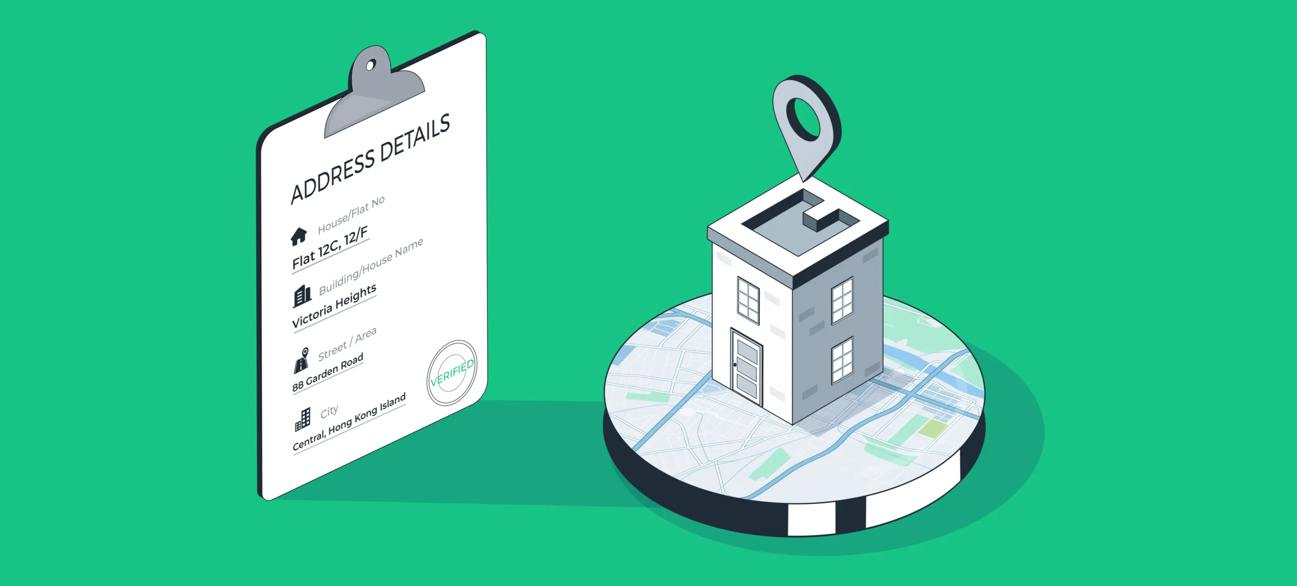 A blog image showing a clipboard with address details and a 3D map location pin for verification.